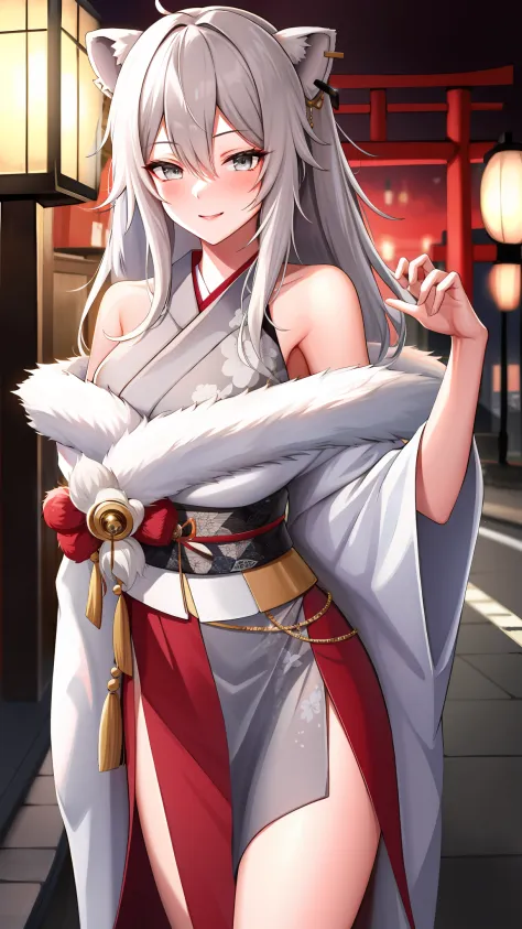 absurdres, highres, best quality,  Botan, japanese kimono, bare shoulder, fur-trim, oionlion ears, messy hair, messy hair, grey eyes, grey hair, long hair, dynamic pose, sexy pose, seductively smile, blush, hands behind back, city road, on the road,
