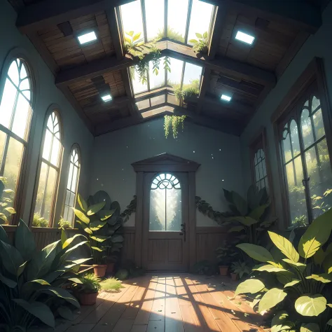 (masterpiece), (best quality), HDR, Song of the Sea, (Plant sheds:1.3), indoor, glass, Clear light, crystal, ethereal, Dappled shadows of leaves, Cartoon, texture, 2d illustration, high contrast, outlines, (minimalism), --auto