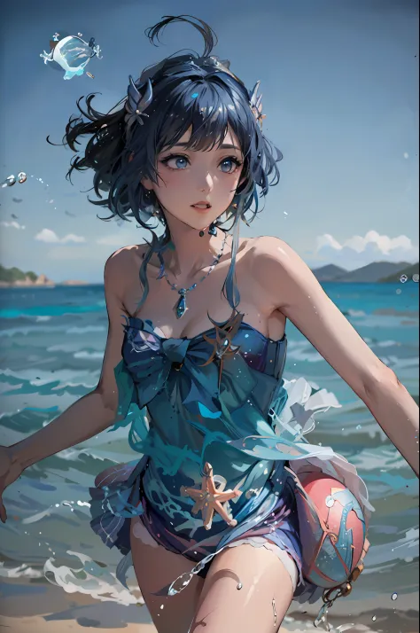 Alafid woman in blue dress holding a ball on the beach, real photoshoot queen of oceans, Anime style mixed with Fujifilm, Asian ...