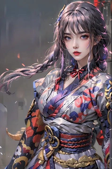 photorealistic, high resolution, 1 girl, hips up, long hair, beautiful eyes, normal breast, raiden shogun costume