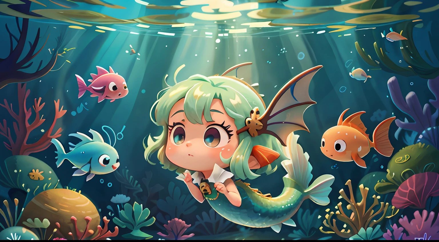 underwaterstyle（（best qualtiy））， （（tmasterpiece））， （A detailed）， pastelcolor， （A high resolution）， Movie rating， high qulity，mermaids，face perfect，borgar， Flying fish， Circling， delicate wings， Dragon Spitfire， magia，
