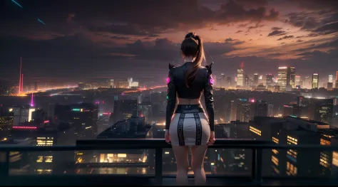 ((woman on top of building)),(view to the city:1.5), Realistic, Best Quality, (((little black skirt: 1.5))))),((black crop top:1...