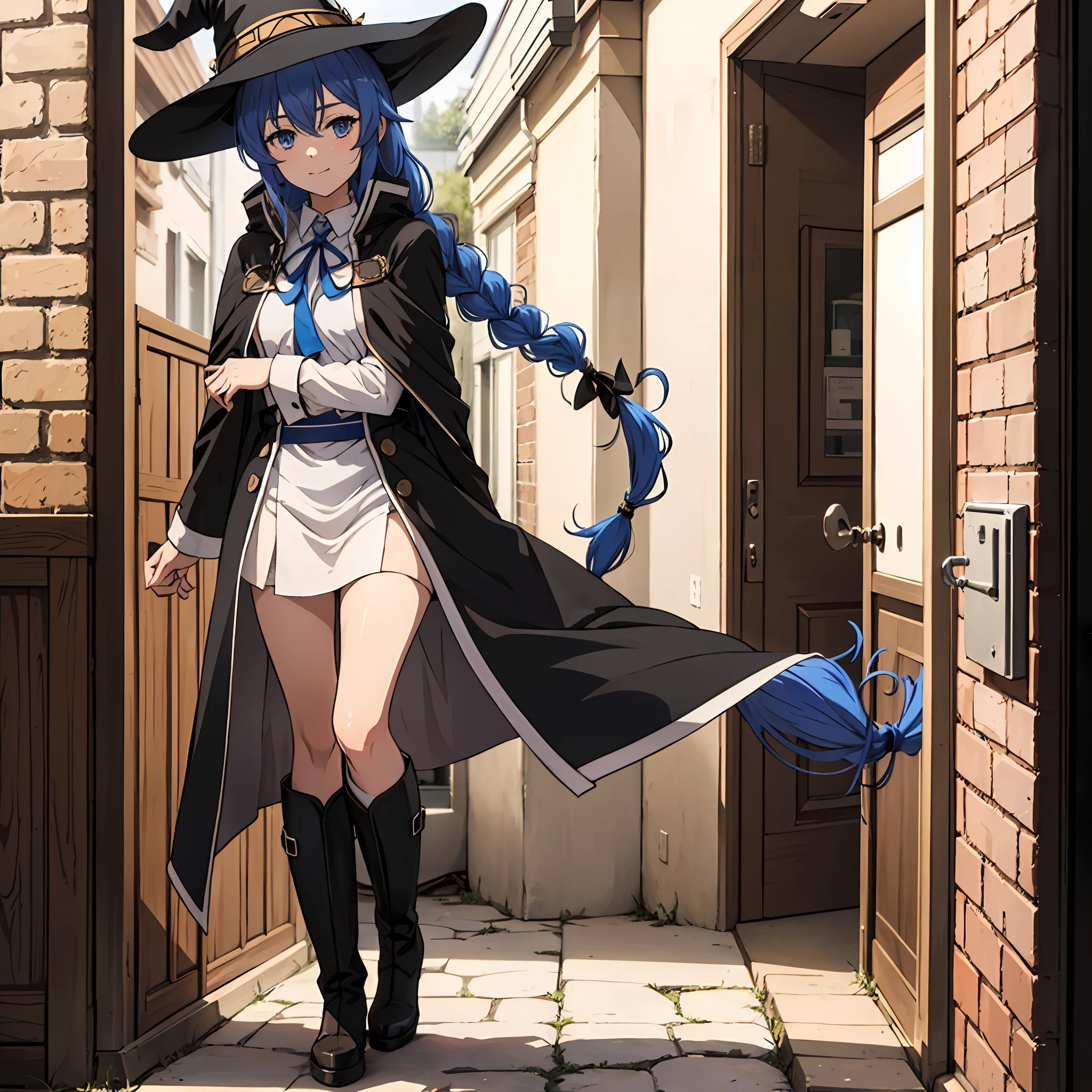 nsfw 1 girls, Roxy Migurdia, Witch Hat, Blue eyes, Blue hair, Twin braids, Twin-tailed, (Brown coat:1.1), Cape, robe, braided ponytails, knee boots, Witch, Holding, , Black socks, Hair Ribbon, bow ribbon, Looking at Viewer, sox, Smile, Closed mouth, plein air, Sun,, (masutepiece:1.2), hight resolution, Best Quality, 8K, Very Very Clear