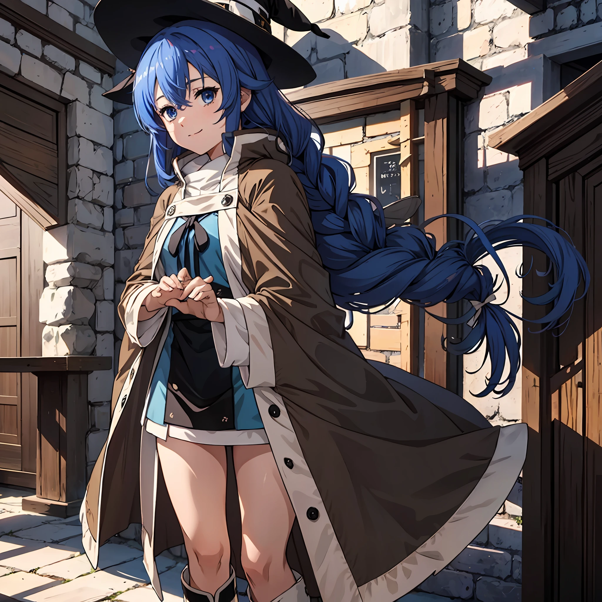 nsfw 1 girls, Roxy Migurdia, Witch Hat, Blue eyes, Blue hair, Twin braids, Twin-tailed, (Brown coat:1.1), Cape, robe, braided ponytails, knee boots, Witch, Holding, , Black socks, Hair Ribbon, bow ribbon, Looking at Viewer, sox, Smile, Closed mouth, plein air, Sun,, (masutepiece:1.2), hight resolution, Best Quality, 8K, Very Very Clear