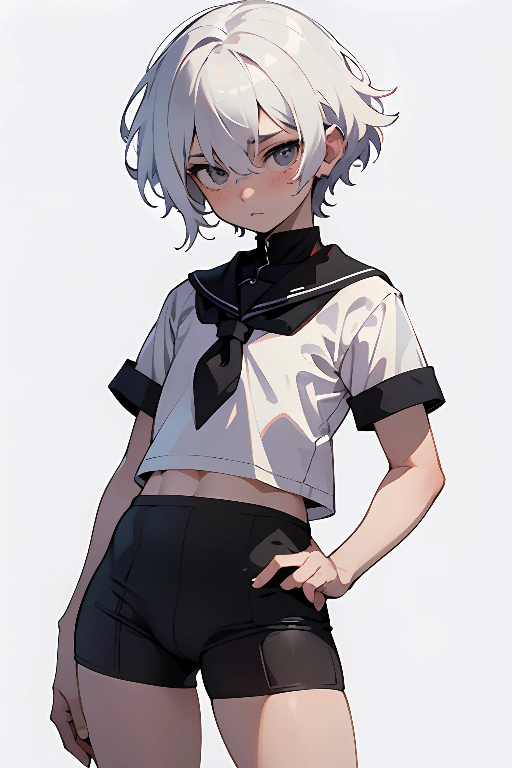 4k, masterpiece, high quality, 8k, high quality details, soft dull lighting, floating particles, white background, pale skin, long white hair, 1boy, short white hair, shota, black eyes, sailor, sailor uniform, short shorts, tiny shorts, young shorts, sad, dull face, thighs exposed, androgynous, boyish, male, masculine, young, short, very short, very young, school boy, deep blush, sweating, thick thighs, bulge, pants bulge, hair, hair