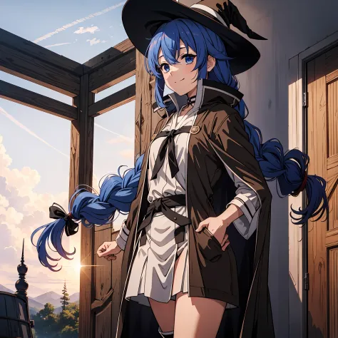 nsfw 1 girls, roxy migurdia, witch hat, blue eyes, blue hair, twin braids, twin-tailed, (brown coat:1.1), cape, robe, braided po...