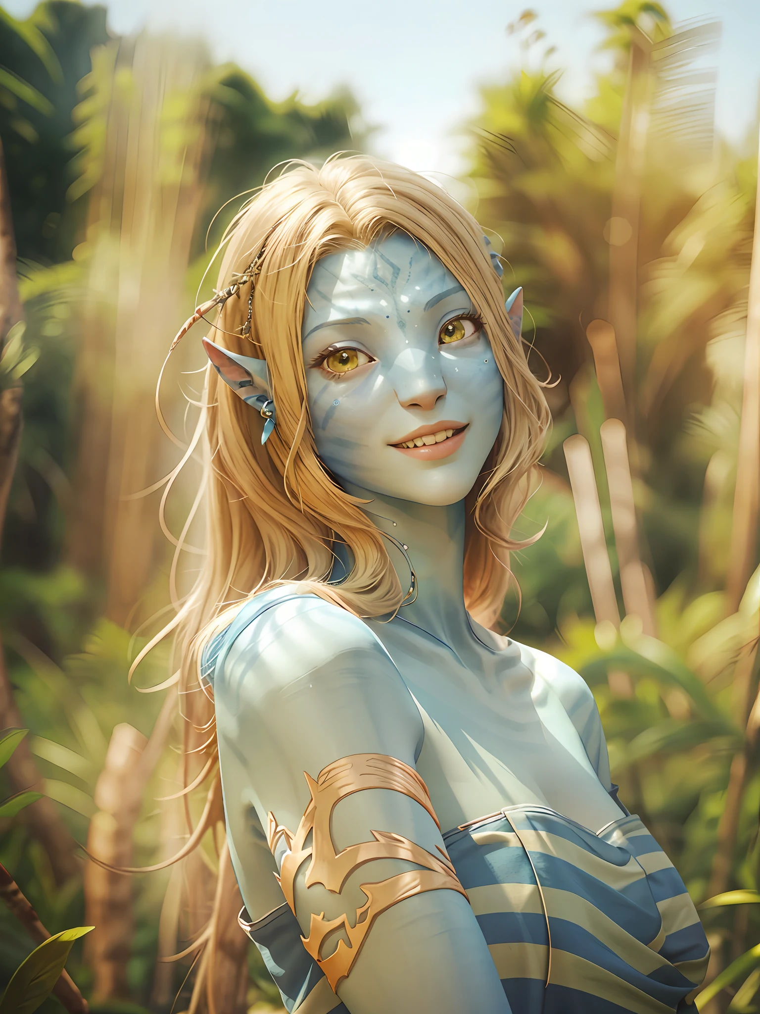 blond woman in striped dress standing in tall grass with trees in background，grin face，young，(Masterpiece)，  ((Blue skin))（best detail），digital art ，（best qualtiy）， Cinematic texture，((Avatar style))， beautiful pupil，The background is jungle，the rainforest，big leafs