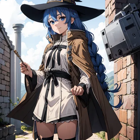 nsfw 1 girls, roxy migurdia, witch hat, blue eyes, blue hair, twin braids, twin-tailed, (brown coat:1.1), cape, robe, braided po...