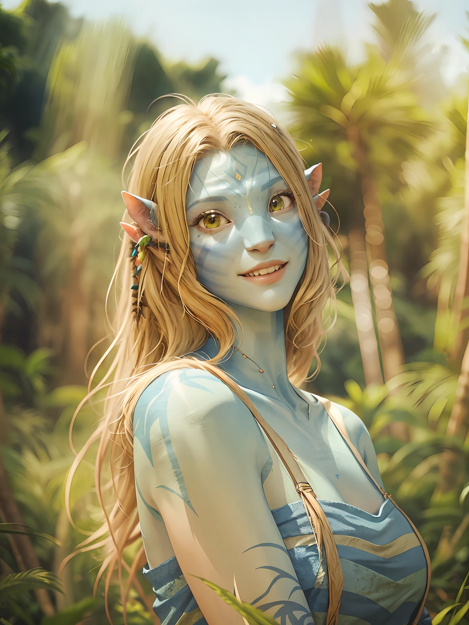 blond woman in striped dress standing in tall grass with trees in background，grin face，young，(Masterpiece)，  ((Blue skin))（best detail），digital art ，（best qualtiy）， Cinematic texture，((Avatar style))， beautiful pupil，The background is jungle，the rainforest，big leafs