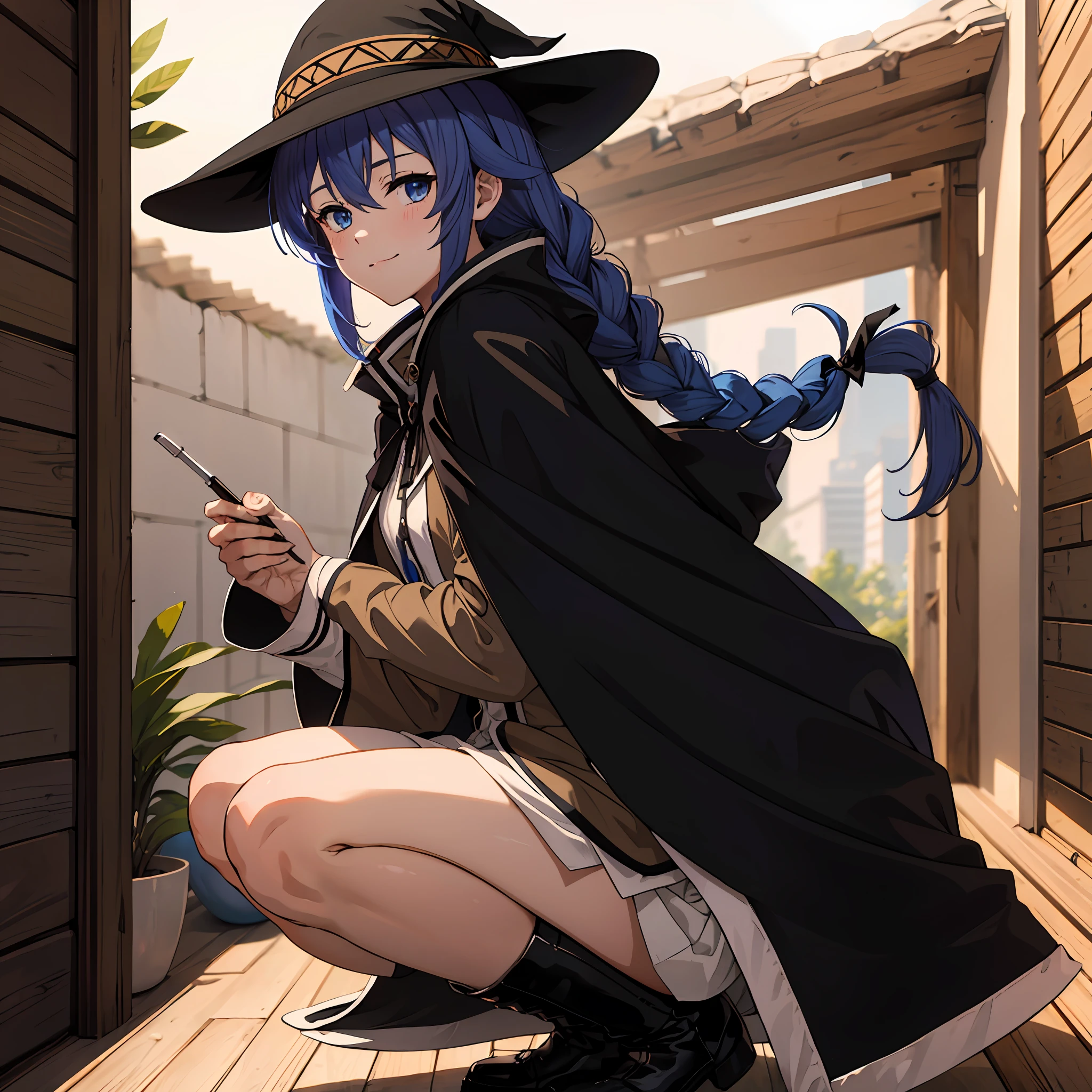 1girl in, Roxy Migurdia, Witch Hat, Blue eyes, Blue hair, twin braids, Twin-tailed, (Brown coat:1.1), Cape, robe, braided ponytails, knee boots, Witch, Holding, , Black socks, Hair Ribbon, bow ribbon, Looking at Viewer, sox, Smile, Closed mouth, plein air, Sun,, (masutepiece:1.2), hight resolution, Best Quality, 8K, Very Very Clear(((,crouching down　Panchira)))++　Beautiful legs 15 years old