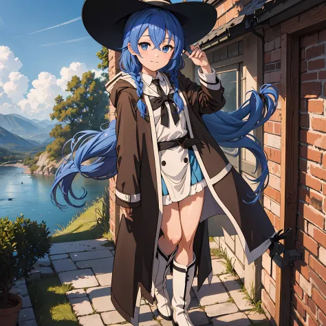 nsfw 1 girls, roxy migurdia, witch hat, blue eyes, blue hair, twin braids, twin-tailed, (brown coat:1.1), cape, robe, braided po...