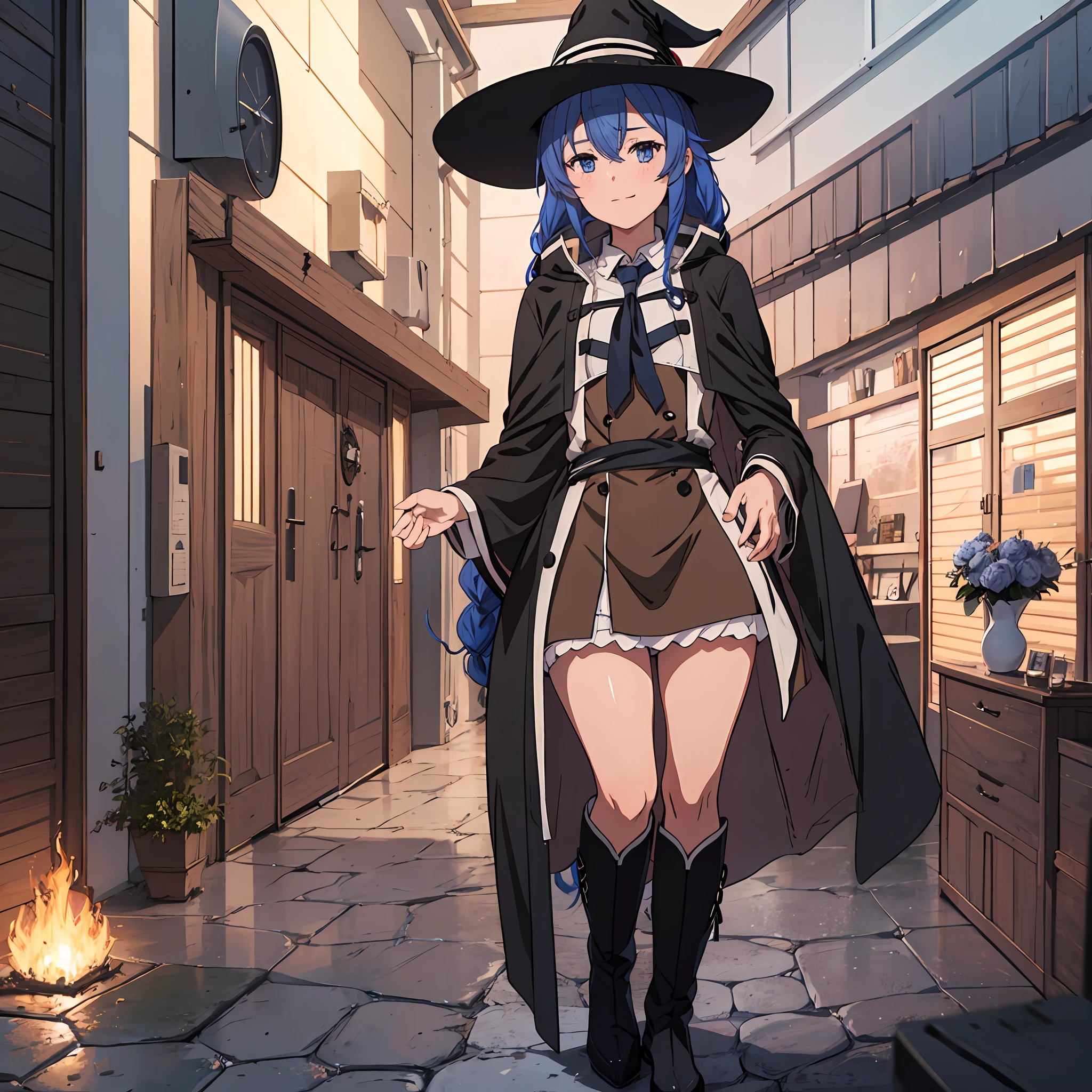 nsfw 1 girls, Roxy Migurdia, Witch Hat, Blue eyes, Blue hair, Twin braids, Twin-tailed, (Brown coat:1.1), Cape, robe, braided ponytails, knee boots, Witch, Holding, , Black socks, Hair Ribbon, bow ribbon, Looking at Viewer, sox, Smile, Closed mouth, plein air, Sun,, (masutepiece:1.2), hight resolution, Best Quality, 8K, Very clear random pose