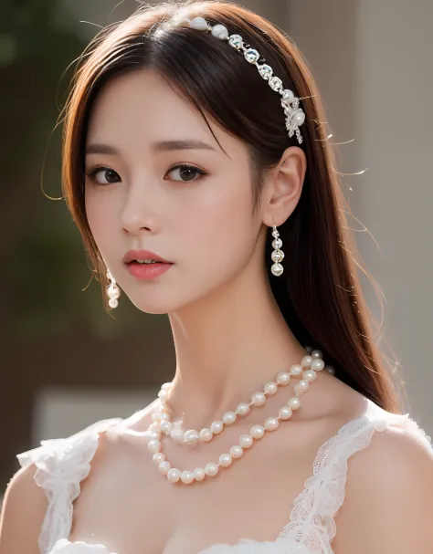 Bust of a beautiful Japanese girl with porcelain skin, rosycheeks, pink glossy lips, Wearing a Lolita dress and pearls. (8K, Best quality : 1.2), (Masterpiece, Photorealistic : 1.3), Super detail, Anatomically correct