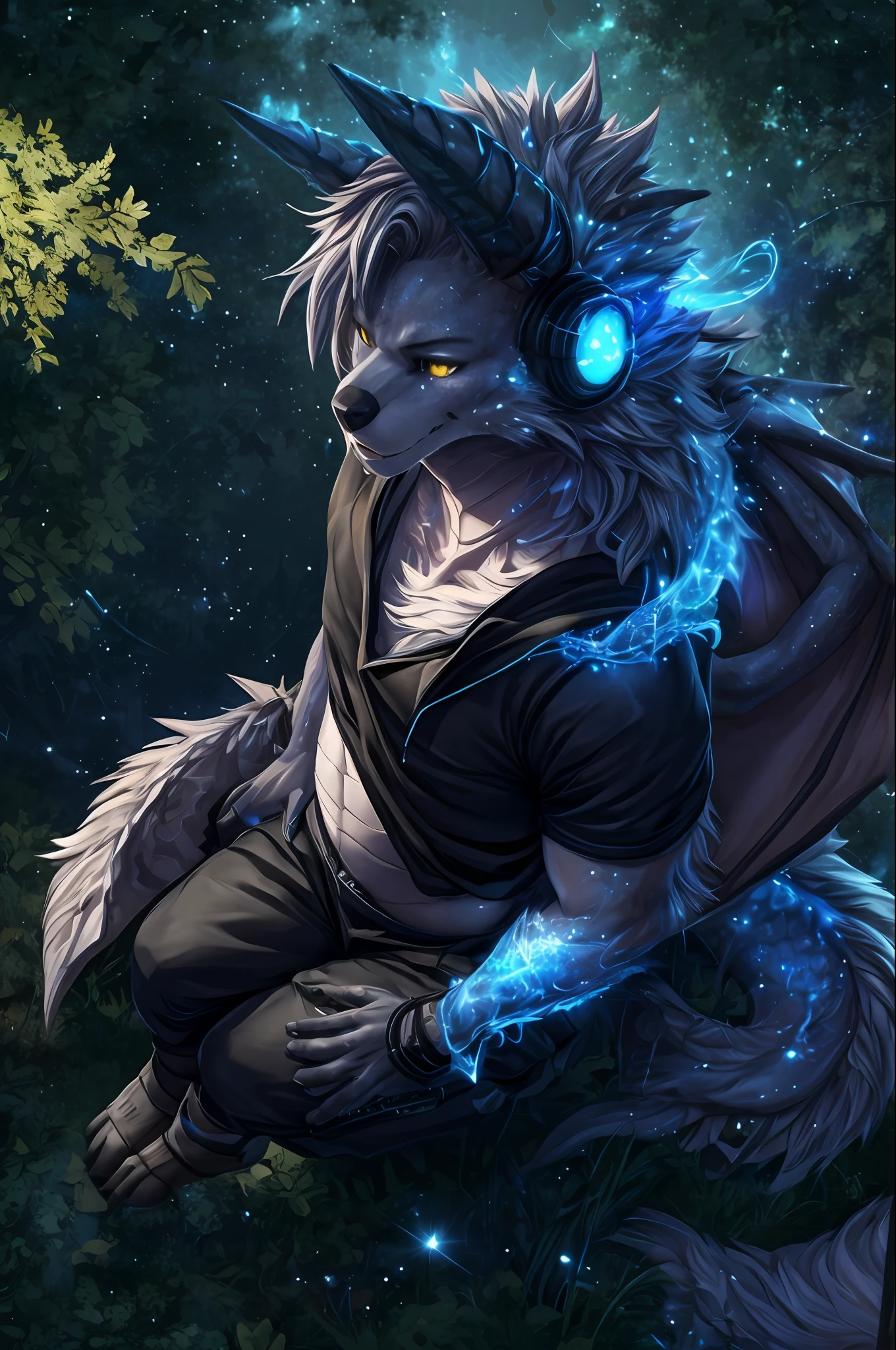 lewd eyes, in a panoramic view，Character focus，Full body like，独奏,solo person， Correct human anatomy。male people，Furry male wolf，Yellow eyes，whiteskin，A pair of dragon wings, Gray hair(The long），Wear white ear headphones，couple（small）Blue horn fluorescence，In the forest，the night，starrysky，Sit sideways on the treetops，Take control of the magic，Floating magic all around，black t-shirts，grey shorts，Sports socks，head looking up，Looking at the night sky，drools，DOA，Young style，height of one meter seven，Handsome， There is a wolf tail，k hd，8K，1440*2048