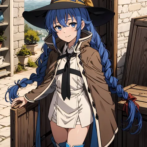 nsfw 1 girls, Roxy Migurdia, Witch Hat, Blue eyes, Blue hair, Twin braids, Twin-tailed, (Brown coat:1.1), Cape, robe, braided po...