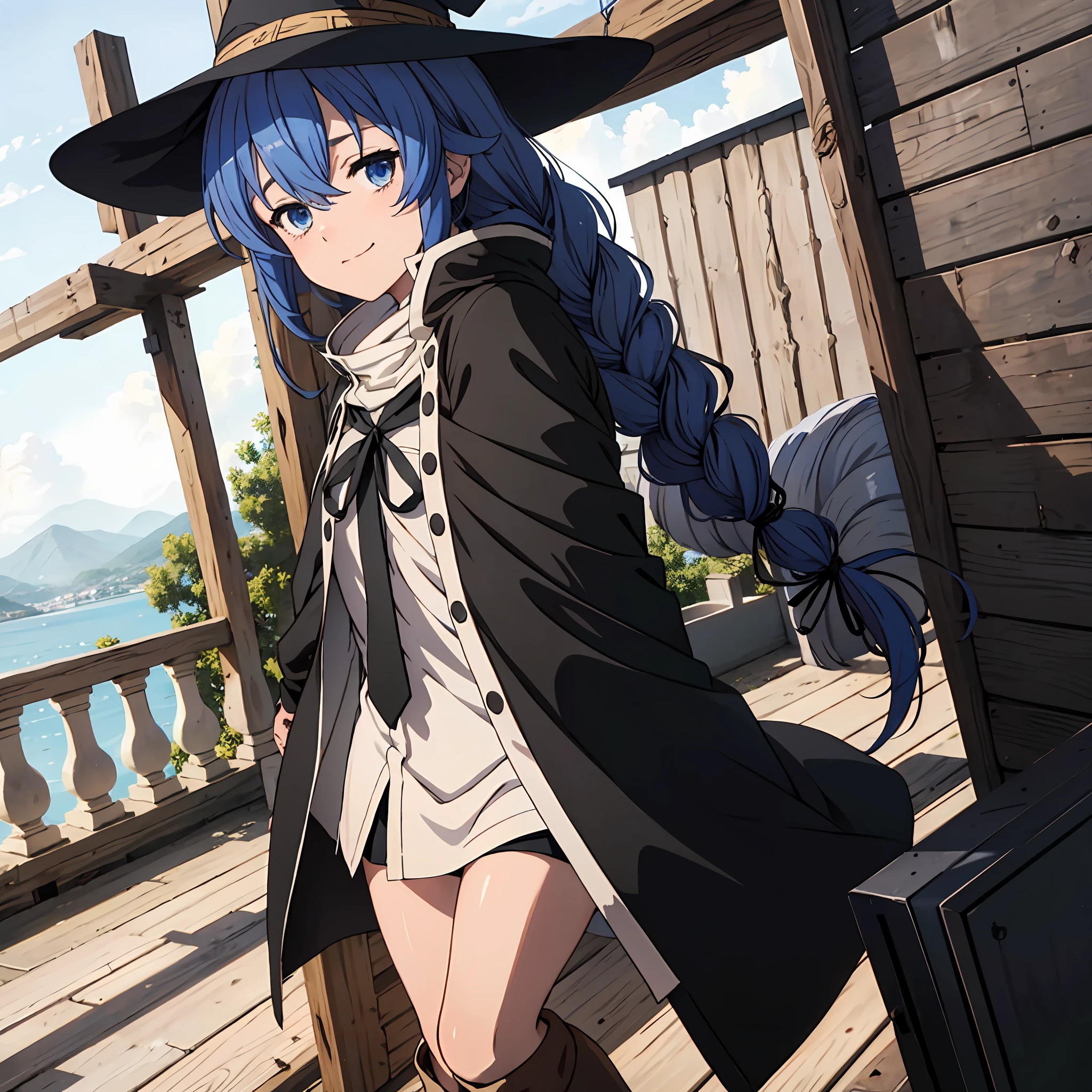 nsfw 1 girls, Roxy Migurdia, Witch Hat, Blue eyes, Blue hair, Twin braids, Twin-tailed, (Brown coat:1.1), Cape, robe, braided ponytails, knee boots, Witch, Holding, , Black socks, Hair Ribbon, bow ribbon, Looking at Viewer, sox, Smile, Closed mouth, plein air, Sun,, (masutepiece:1.2), hight resolution, Best Quality, 8K, Very clear random pose　beauty legs