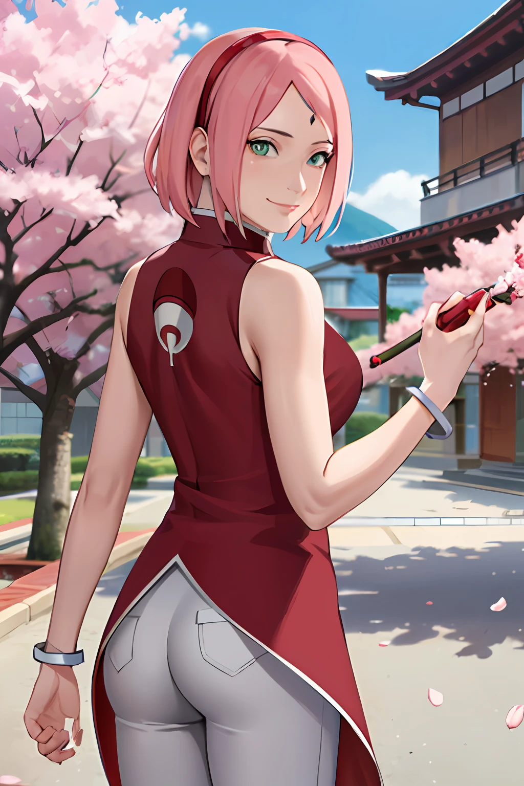 masterpiece, absurdres ,1girl, haruno sakura,forehead mark, red hairband, red sleeveless dress,bracelet,  from behind, white pants, (uchiha crest),  looking at viewer, outdoor, cherry blossoms, floating hair,   smile, cowboy shot,