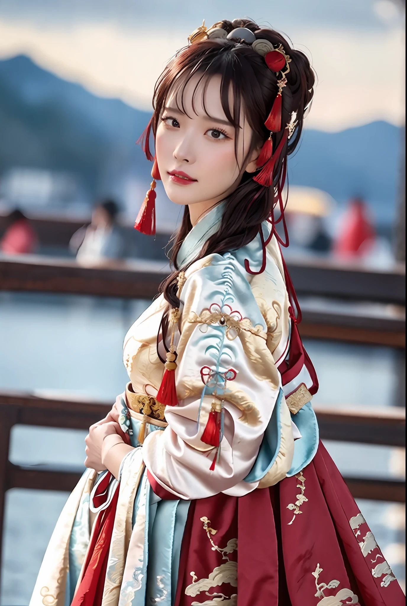 best quality, master piece
face, close_up, portrait_photo, 
red and gold dress, hanfu, Chinese clothes,