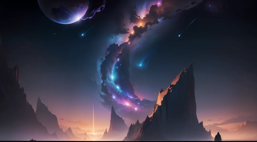 "Create a visually stunning wallpaper titled 'Celestial Serenity.' This artwork should portray a mesmerizing night sky that transcends earthly limitations, revealing a realm of celestial wonders. The vast backdrop must showcase an ethereal galaxy stretchin...