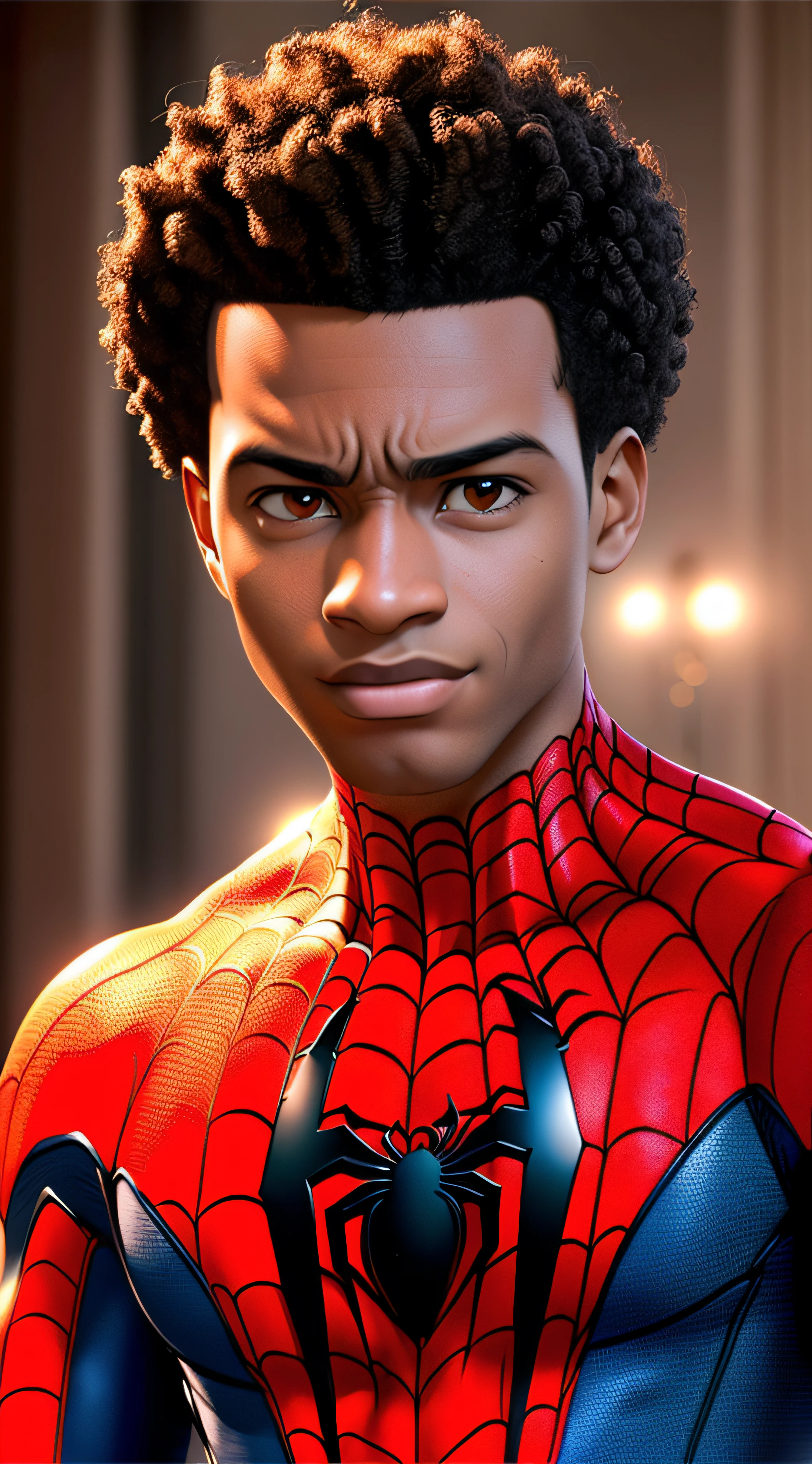 Best quality, masterpiece, high resolution, 1 male, miles morales, spiderman,, curly hair, Tindal effect,ism realism, dark studio, edge light, two-tone light, (high-detail skin: 1.2), 8K UHD, DSLR, soft light, high quality, volumetric light, photo, resolution high 4K,8K, clear background,