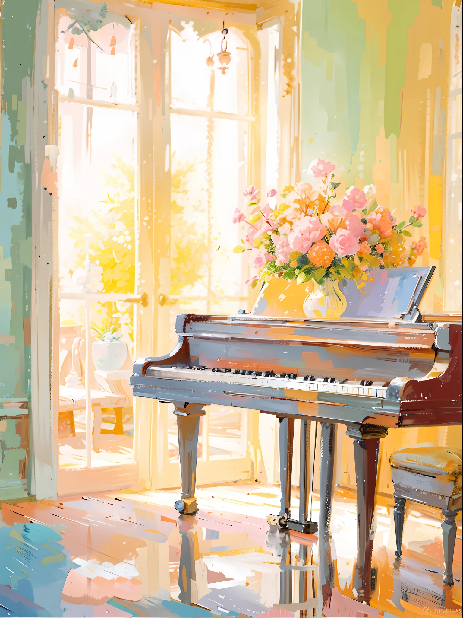 Paintings of grand piano and vase in the room, pastel style painting, author：Arthur Penn, author：Igor Grappa, summer morning light, author：Alexander Deneca, steve henderson, in style of steve henderson, author：Marie Bashkirtsev, Superb Painting, piano, piano in the background, glorious composition, author：Vladimir Borovykovsky