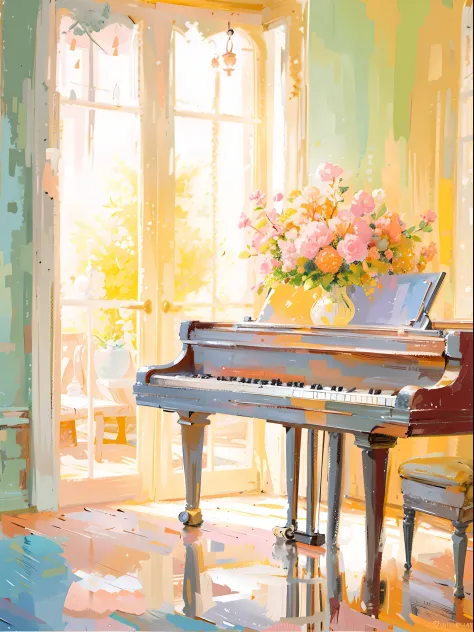 Paintings of grand piano and vase in the room, pastel style painting, author：Arthur Penn, author：Igor Grappa, summer morning lig...