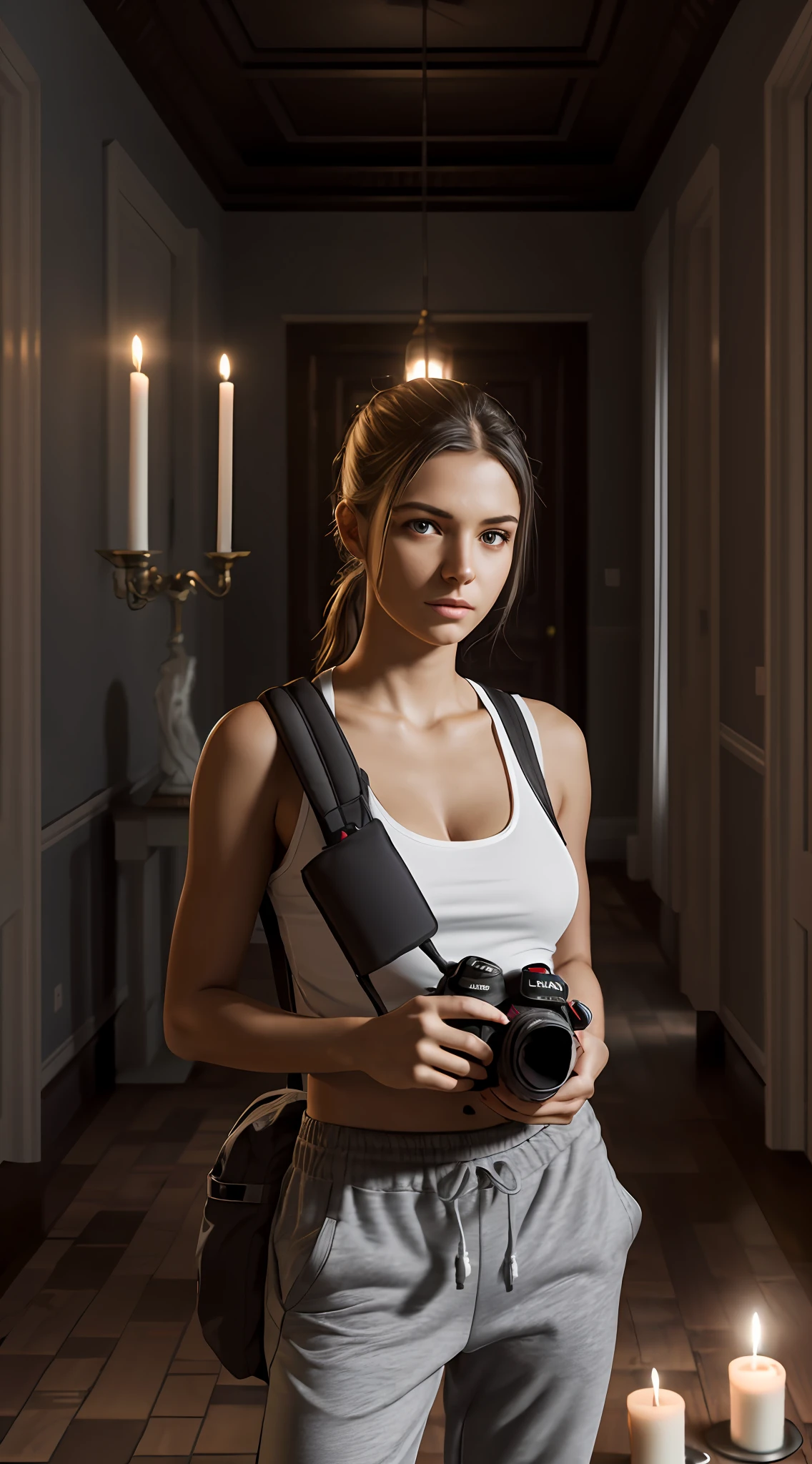 Photorealistic, final render, real, realistic, a young female photographer, in white tank-top, grey jogging bottoms, rucksack, holding a DSLR camera, in a haunted mansion, horror, dark, dim, candles