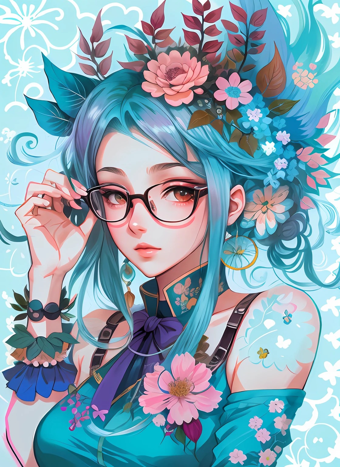 drawing of a woman with blue hair and glasses with flowers in her hair, 2 d anime style, decora inspired illustrations, inspired by Yumihiko Amano, anime girl with teal hair, anime style portrait, beautiful anime art style, portrait of jinx from arcane, manga art style, anime style illustration, anime art style, anime style art, anime styled, beautiful line art, detailed manga style, extremely fine ink lineart, black and white manga style, black and white line art, ink manga drawing, intense line art, pencil and ink manga drawing, intense black line art, in style of manga, exquisite line art, perfect lineart,exquisite line art, exquisite digital illustration, detailed digital drawing, black and white coloring, digital anime illustration, a beautiful artwork illustration, detailed matte fantasy portrait, beautiful line art, great digital art with details, goddess. extremely high detail, 4k detailed digital art, stunning digital illustration, digital fantasy illustration,((Best quality)), ((masterpiece)), (detailed:1.4), 3D, an image of a beautiful female,HDR (High Dynamic Range),Ray Tracing,NVIDIA RTX,Super-Resolution,Unreal 5,Subsurface scattering,PBR Texturing,Post-processing,Anisotropic Filtering,Depth-of-field,Maximum clarity and sharpness,Multi-layered textures,Albedo and Specular maps,Surface shading,Accurate simulation of light-material interaction,Perfect proportions,Octane Render, Two-tone lighting,Wide aperture,Low ISO,White balance,Rule of thirds,8K RAW