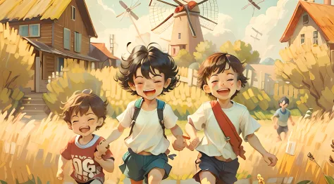 multiple boys, holding hands, multiple girls, sky, smile, shorts, running, A golden wheat field, outdoors, dress, short hair, 3b...