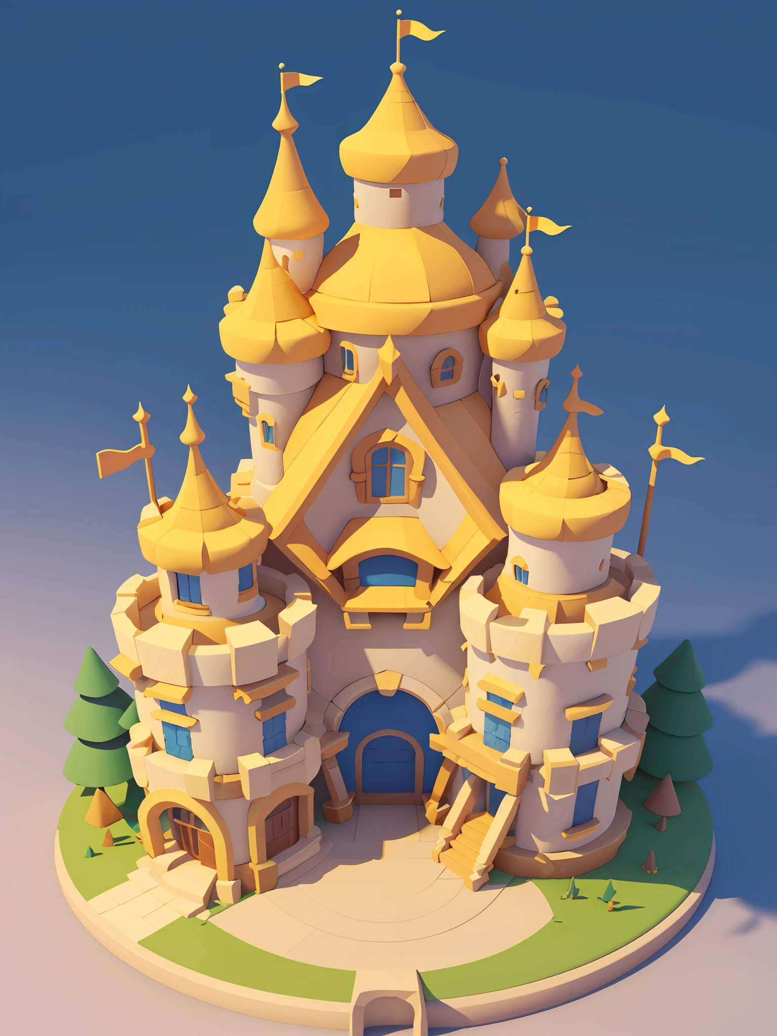 Замок Алафард，Красочная башня находится наверху., За замком есть колесо обозрения., 3D стилизованный рендеринг, фэнтезийный замок, ультранизкополигональное моделирование, Супер детализированное цветное низкополигональное искусство。