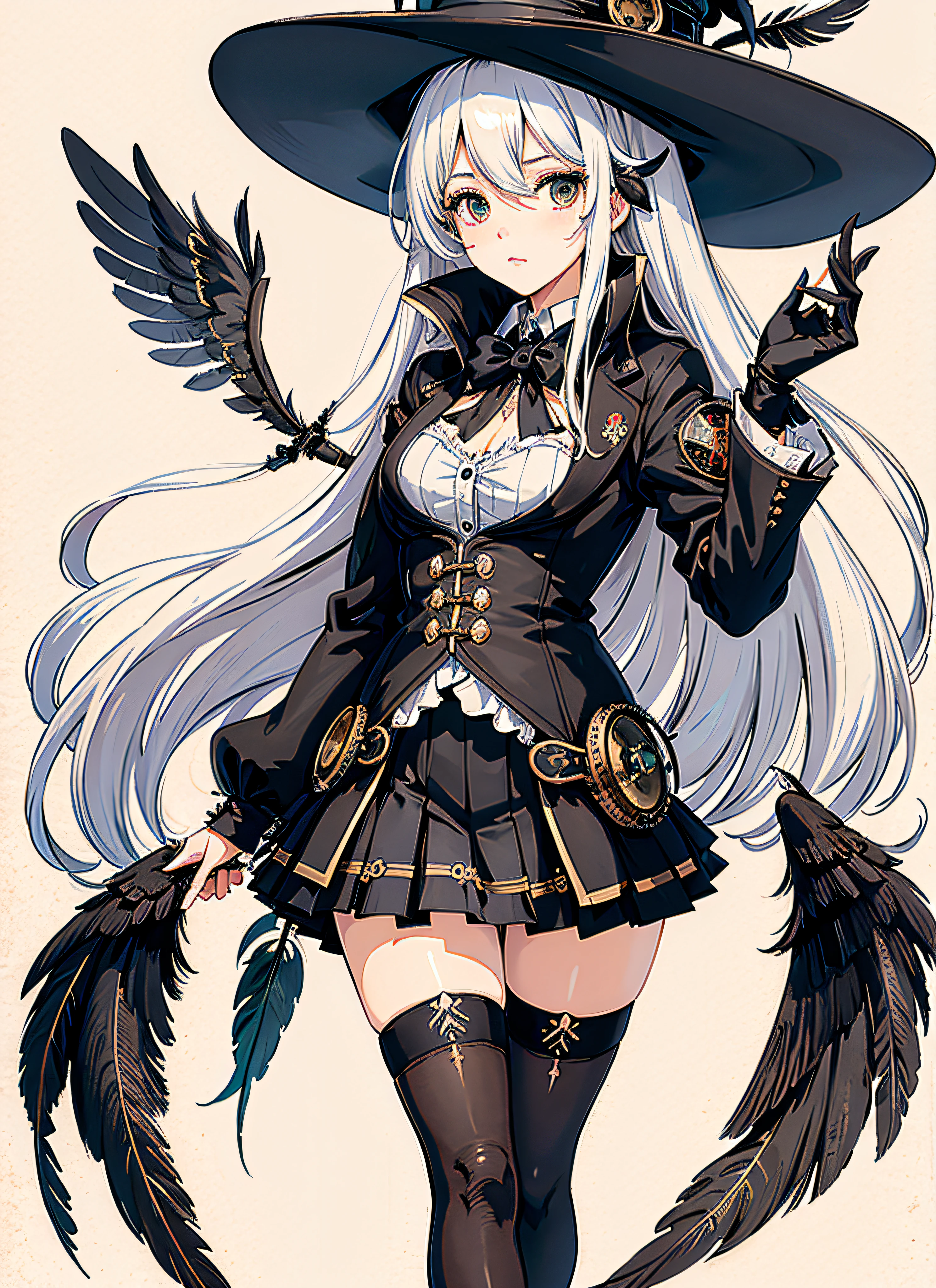 8K，best qualtiy，tmasterpiece，wallpaper hd，1girll, (Steampunk AI:1.1),Normal clothes,Over-the-knee skirt，Long white hair, (black lence stockings:1.1),Big witch hat,Witch costume, (Symmetrical black wings),broom, Dark skin,Feathers falling