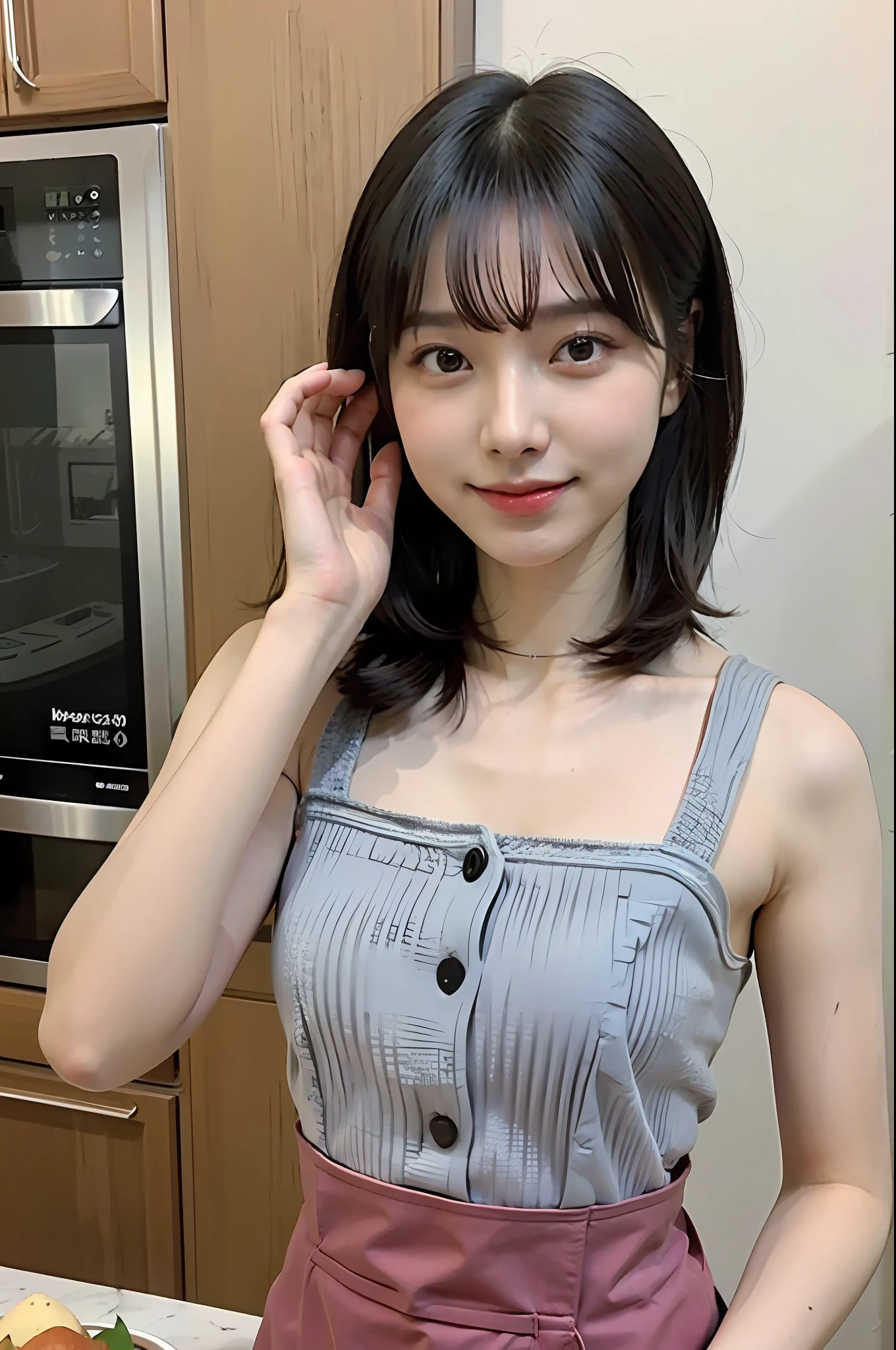 a woman is cooking、(kitchin_apron:1.Wear 3)、Good Hand、4K、hight resolution、​masterpiece、top-quality、cape:1.3、((Hasselblad photo))、Fine skin、sharp focus、(lighting like a movie)、Soft lighting、dynamic ungle、[:(Detailed face:1.2):0.2]、Medium chest、sweats streamed skin:1.2、(((In the kitchen))) Cute smile　Viewer's Perspective　Colossal tits　Tying hair　Sleeveless　Put out your upper arm　Shoulders are sticking out　Cleanliness　Large kitchen　Beautiful kitchen　wine glasses　Show ears