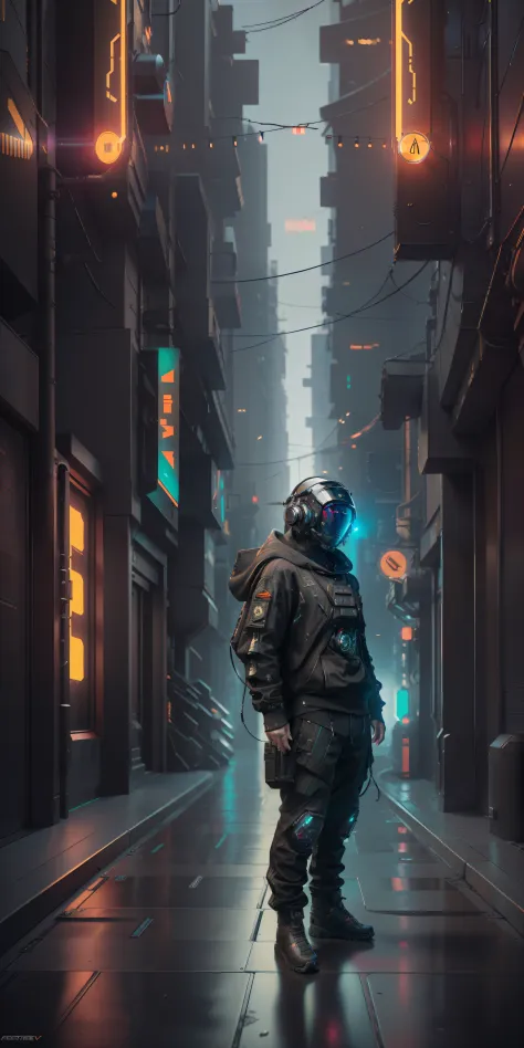 (masterpiece, full body shot, intricate raw photography) cyberpunk citizen, comfortable oversize black hoodie, black cargo pants...