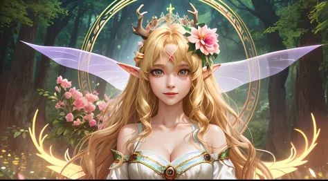 the elf，the Flower Fairy，Fairytales，In the forest，long eyelasher, solid circle eyes, Light smile, Fang, Blonde hair, Halo, crown, Hairpin, shairband, hair pin, Hair ribbon, hair flower, hair adornments, Hair Bow, ribbon, Horns, deer antlers, surrealism, an...