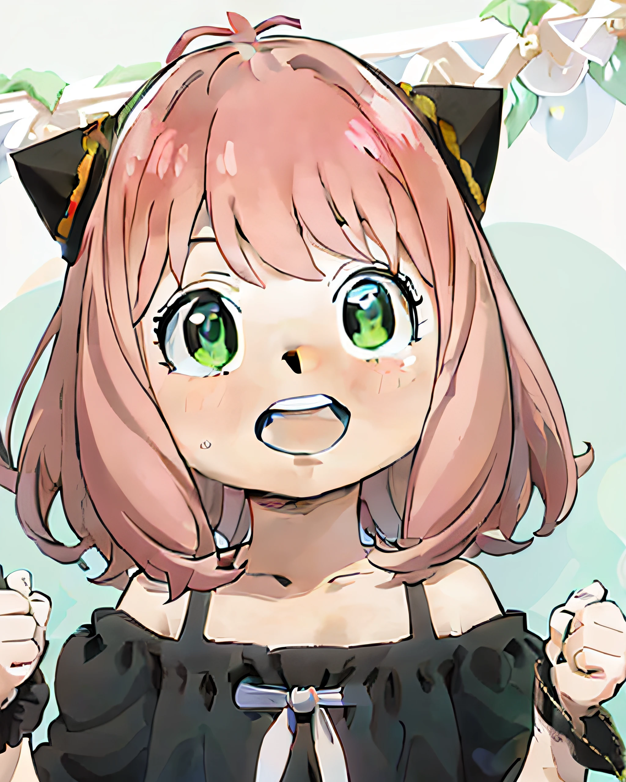 a anime girl with 粉紅色的頭髮 and 綠眼睛 pointing at something with a surprised look on her face and a black cat hat, (1個女孩:0.992), (:d:0.583), (瀏海:0.701), (臉紅:0.584), (綠眼睛:0.992), (看著觀眾:0.711), (張開嘴:0.760), (粉紅色的頭髮:0.917), (絲帶:0.826), (短髮:0.571), (微笑:0.855), (獨自的:0.949), (牙齒:0.770), (上半身:0.760)