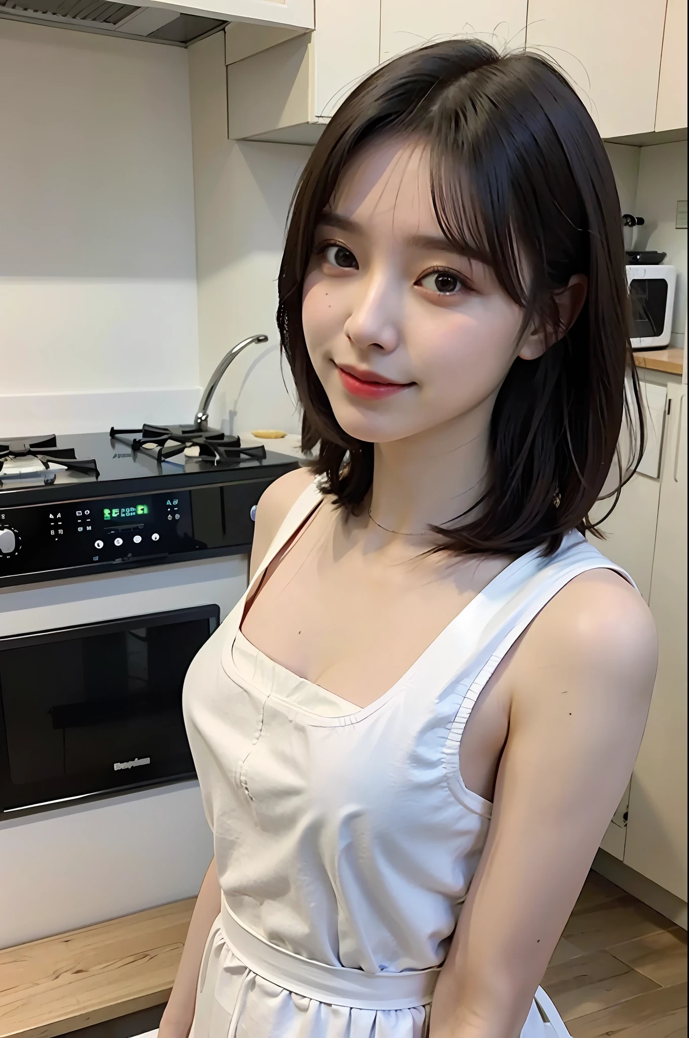 a woman is cooking、(kitchin_Apron:1.Wear 3)、Good Hand、4K、hight resolution、​masterpiece、top-quality、Cap:1.3、((Hasselblad photo))、Fine skin、foco nítido、(lighting like a movie)、Soft lighting、dynamic ungle、[:(详细的脸:1.2):0.2]、Medium chest、sweats streamed skin:1.2、(((In the kitchen))) Cute smile　Viewer's Perspective　Colossal tits　Tying hair　Sleeveless　Put out your upper arm　Shoulders are sticking out　Cleanliness　Large kitchen　Beautiful kitchen　wine glasses　posterior view　Behind　backs