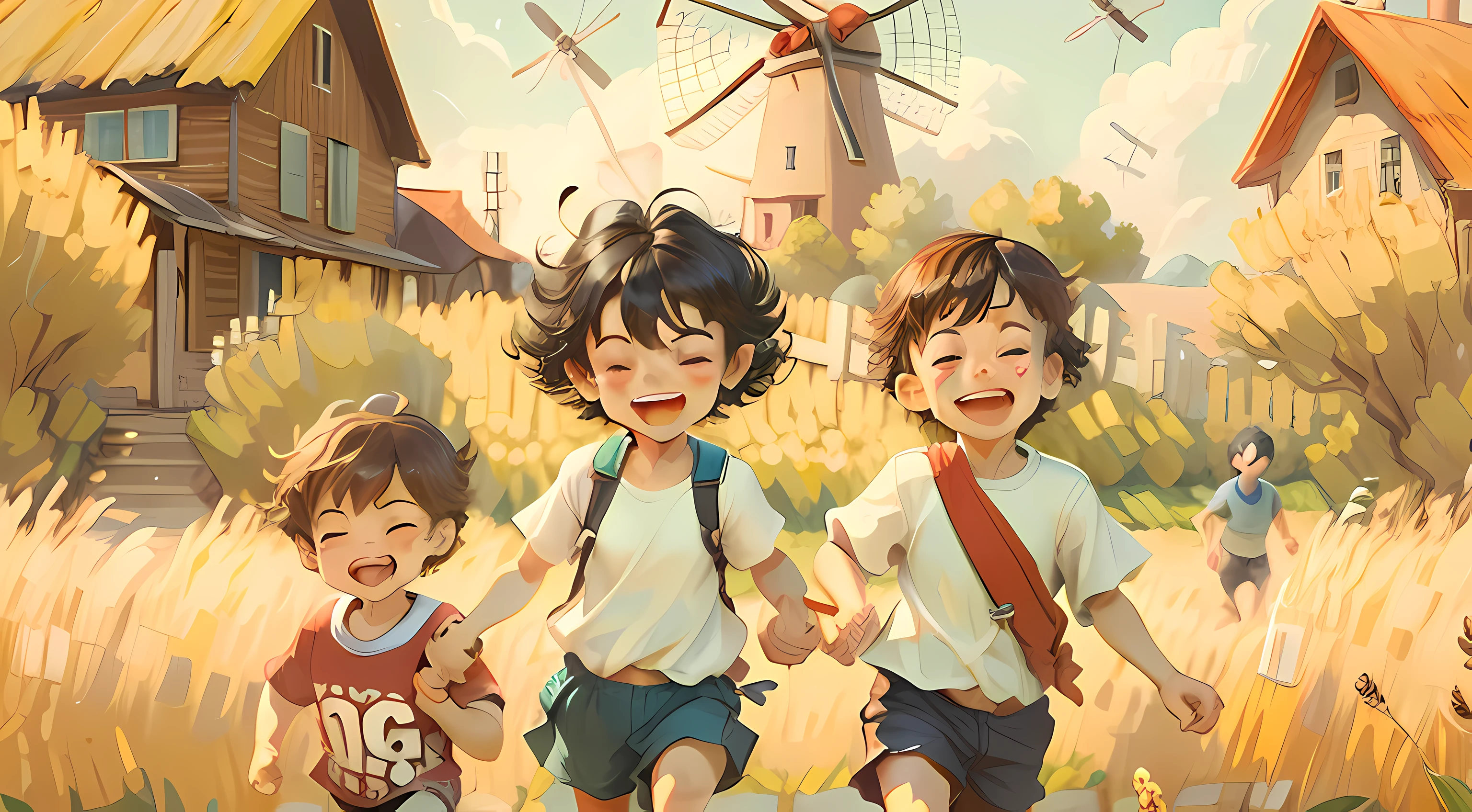 multiple boys, holding hands, multiple girls, sky, smile, shorts, running, A golden wheat field, outdoors, dress, short hair, 3boys, field, 2boys, closed eyes, 2girls, scenery, , cloud, windmill, house, black hair, shirt, open mouth, brown hair, happy_face, Tile brick house, blind box toy style