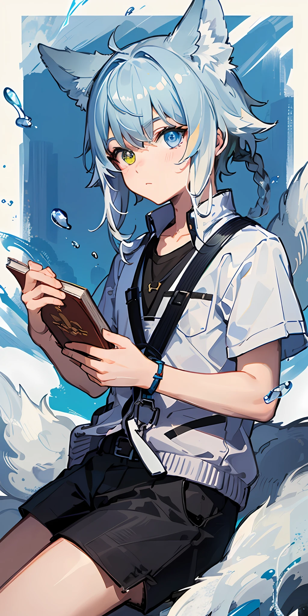 1boy，Shota，(high-definition quality，Masterpiece level)，Fresh and cold boy character，Wolf ears、Wolf Tail highlights the sense of belonging to the character，Heterochromatic eyes and the color of light blue hair echo each other，with clean lines，Show the modesty and confidence of the character，tmasterpiece, lightblue hair, Heterochromic eyes,(Wolf ears),(Wolf tail)，One tail，A young boy with，Lean body type，Dull hair，Brown pick dye，with fair skin，short sleeve T-shirts，Suit shorts，leisure wear，looking at book