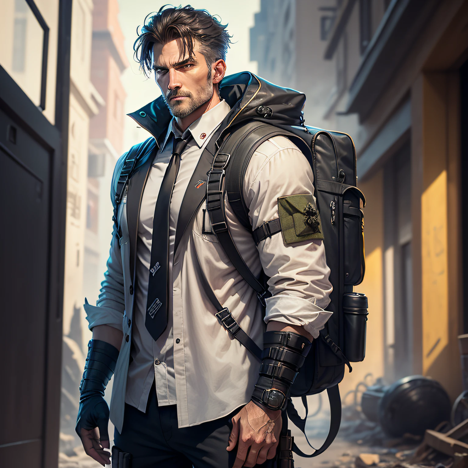 Middle-aged handsome guy，Three seven distribution type，Sharp eyes look ahead，Well-defined muscles，Black fingerless gloves，White shirt，black necktie，Behind him is a camouflage backpack，Black combat pants，The AK47 gun in his right hand is upward，Left hand armrest，War-torn background