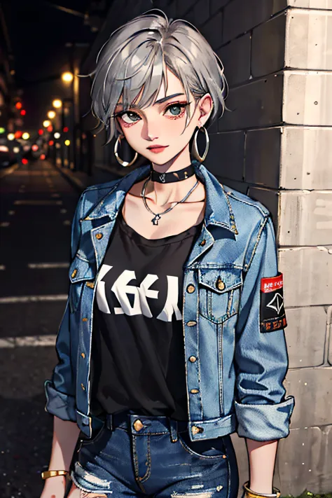 (masterpiece:1.2, best quality), (1lady, solo, upper body:1.2), hair: buzz cut, clothing: oversized, distressed denim jacket wit...