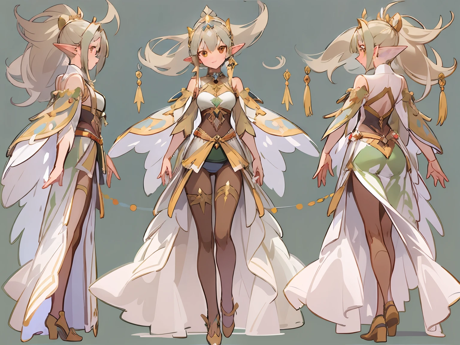 ((Three-view of roles)), ((tmasterpiece))、((Top quality))、((CharacterDesignSheet，Same role，frontage、Lateral face、on  back))，illustration, ((1 Southern Girl，Gorgeous costumes，Oriental beauty，Fantasy elves))，（Western Regions dancer costume，gossamer，gold chains, pretty eyes, ）,Fantasy setting,Environmental Scene Change, Pose too, , charturnbetalora, (simplebackground, white backgrounid: 1.3)， Magic the Gathering, fanciful, character concept, character art, Character portrait, Cartoon, Best quality, Best resolution, 4K