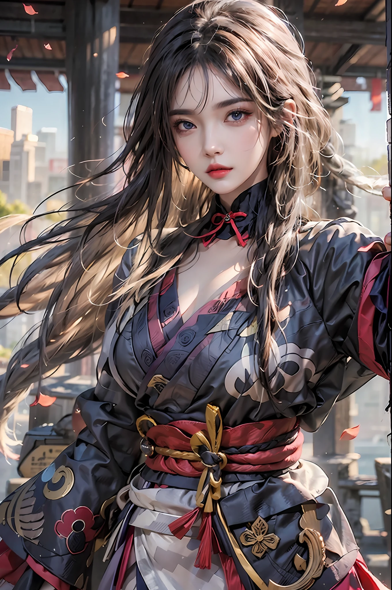 fotorealistisch, hohe Auflösung, 1 Mädchen, Hüften hoch, lange Haare, Wunderschöne Augen, normale Brust, Raiden-Shogun-Kostüm