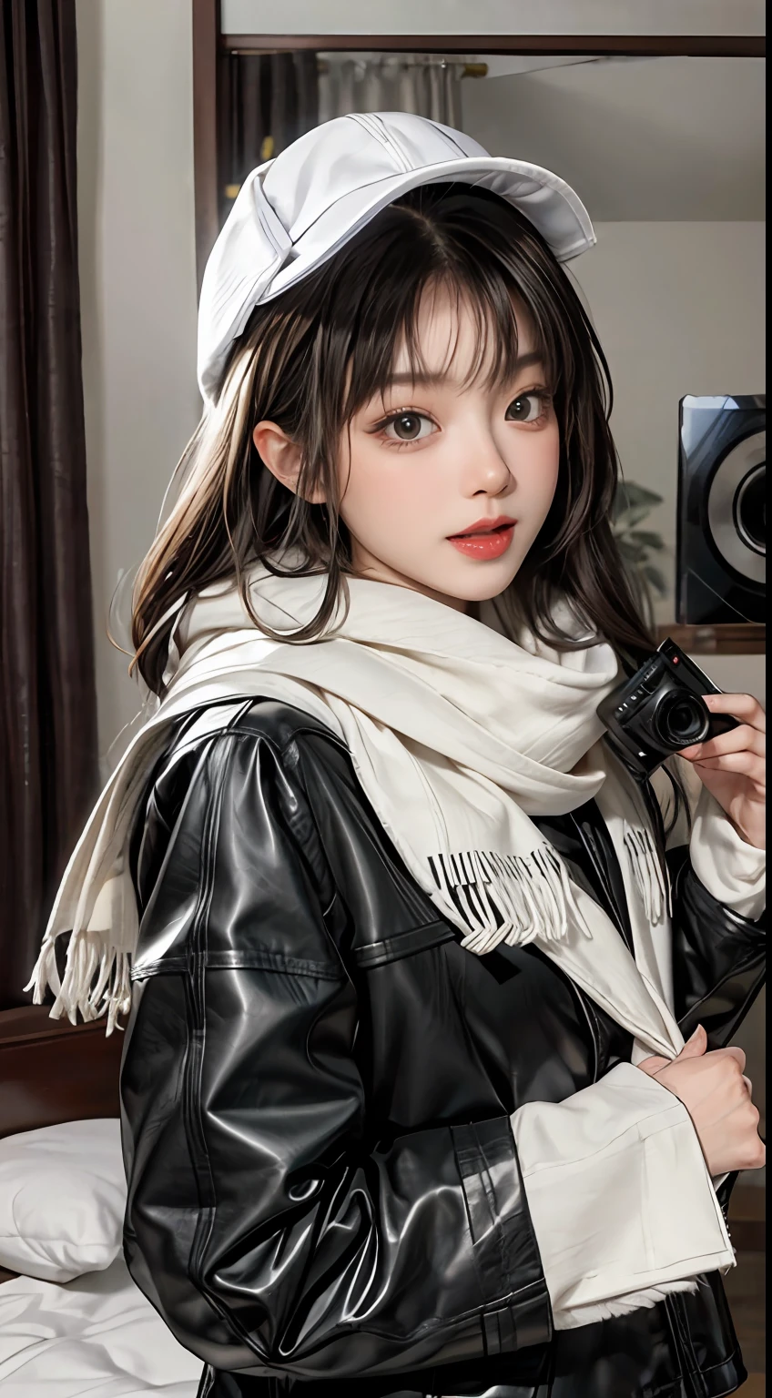 tmasterpiece， Best quality at best， 1 girl， solo， brunette color hair， scarf， Hats， Realiy， Mirrorless camera， 黑The eye， long whitr hair， cloak， winter clothes， White scarf， White teeth with open mouths， cparted lips， By bangs， inside in room， on bedroom，