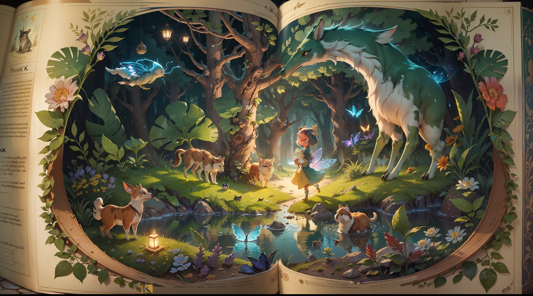 A fantastical fairy tale picture book, open state, animals and magical light emerge from the book, (((4K, masterpiece, high quality, high details)))