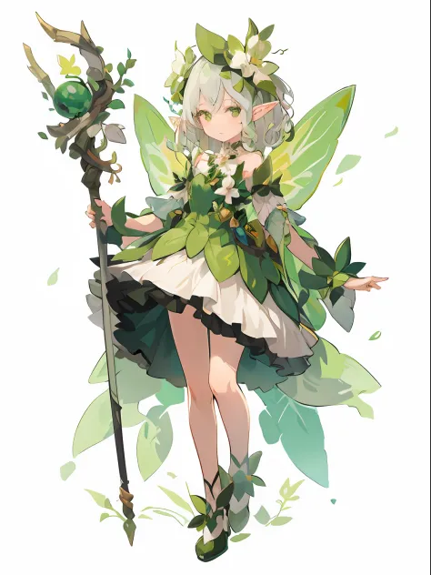 Anime – Fairy style illustration with staff and flowers, fey queen of the summer forest, pixie character, forest fae, character art of maple story, forest fae, elf girl wearing an flower suit, faerie, Elf Girl, Forest Dryad, nature goddess, insect trainer ...