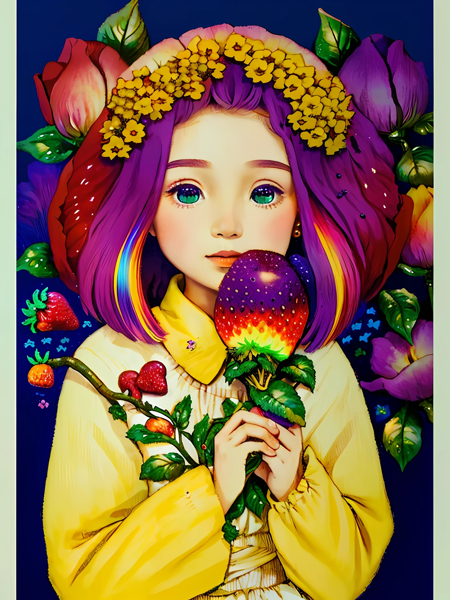 (((portrait))) ,(((masterpiece))),(((best quality))), ((ultra-detailed)), (illustration), ((an extremely delicate and beautiful)),floating, (beautiful detailed eyes), (detailed light),(((fruit))),flowers,(((((colorful))))),garden,by alan lee,colorful background,forest,bird,butterfly,mkru chibi