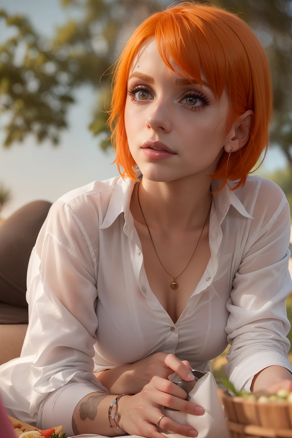 (((Hayley Williams has a picnic in the middle of a wheat field)), (she sits on a blanket), ((she has round breasts)), (she wears a white open shirt), (small head), ((detailed face)), (photorealestic), (Raytracing), (keen focus), ((natural realistic skin texture)), Detailed Lips, ((close up shot)), (bottom_view)