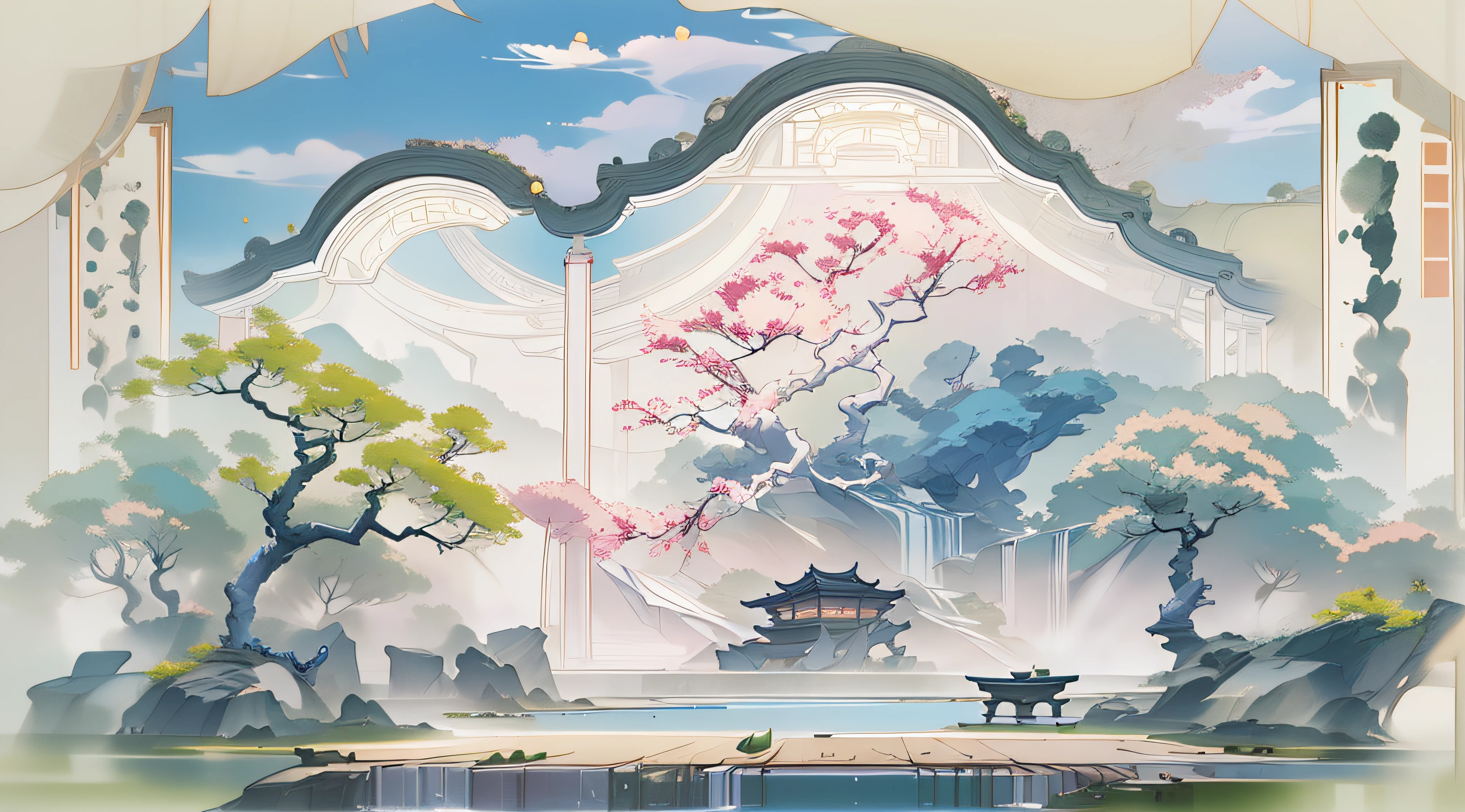 Diseño de escena de juego antiguo.，arboles grandes，florales，Arquitectura de loto，mesa flotante，un cielo azul，nube blanca，Escultura de representación OC de pintura en tinta china