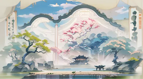 Antique game scene design，big trees，florals，Lotus architecture，Floating table，A blue sky，White cloud，Chinese ink painting OC ren...