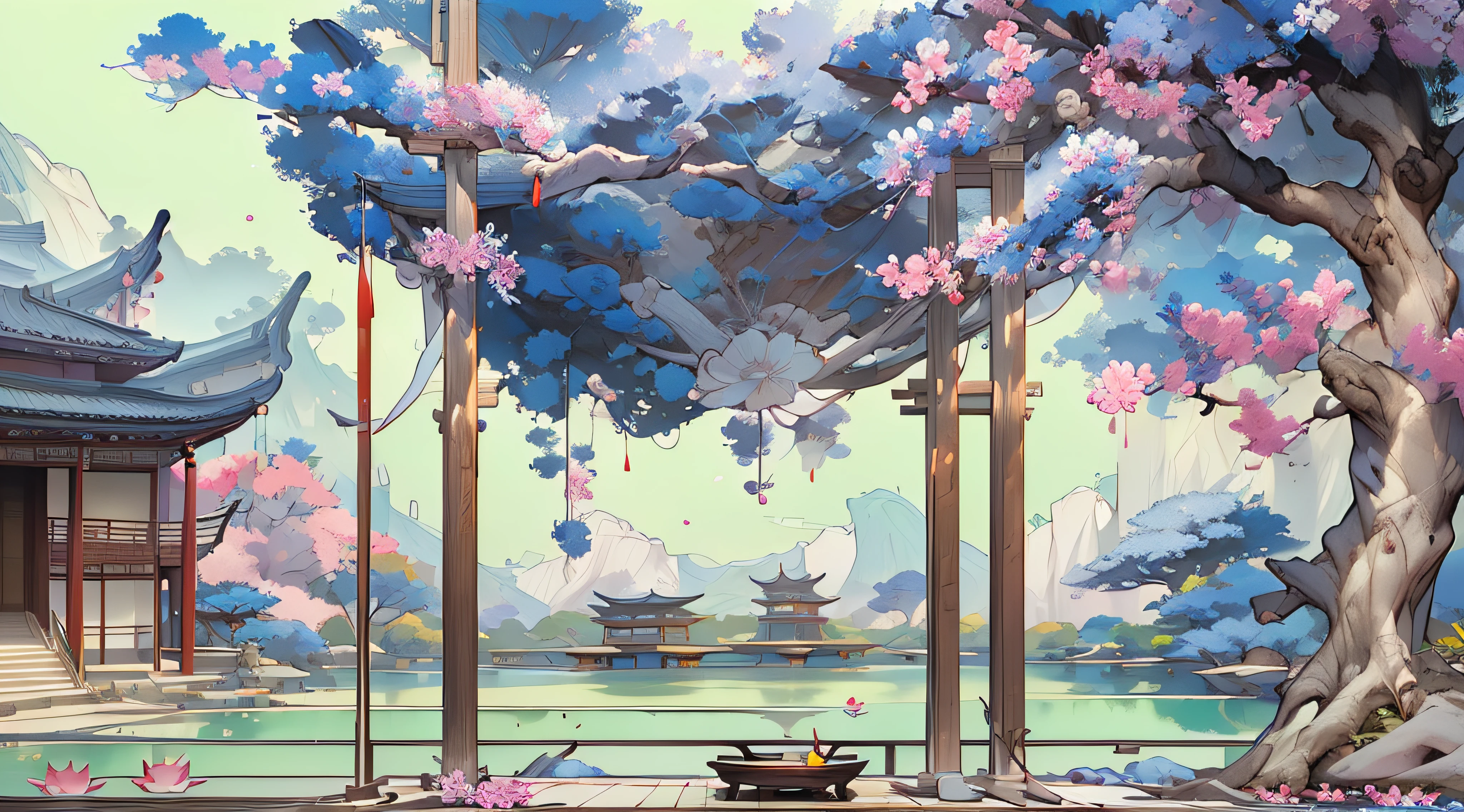 古董游戏场景设计，大树，花香，Lotus 架构，浮动桌，蓝色的天空，白云，中国水墨画 OC 渲染雕塑